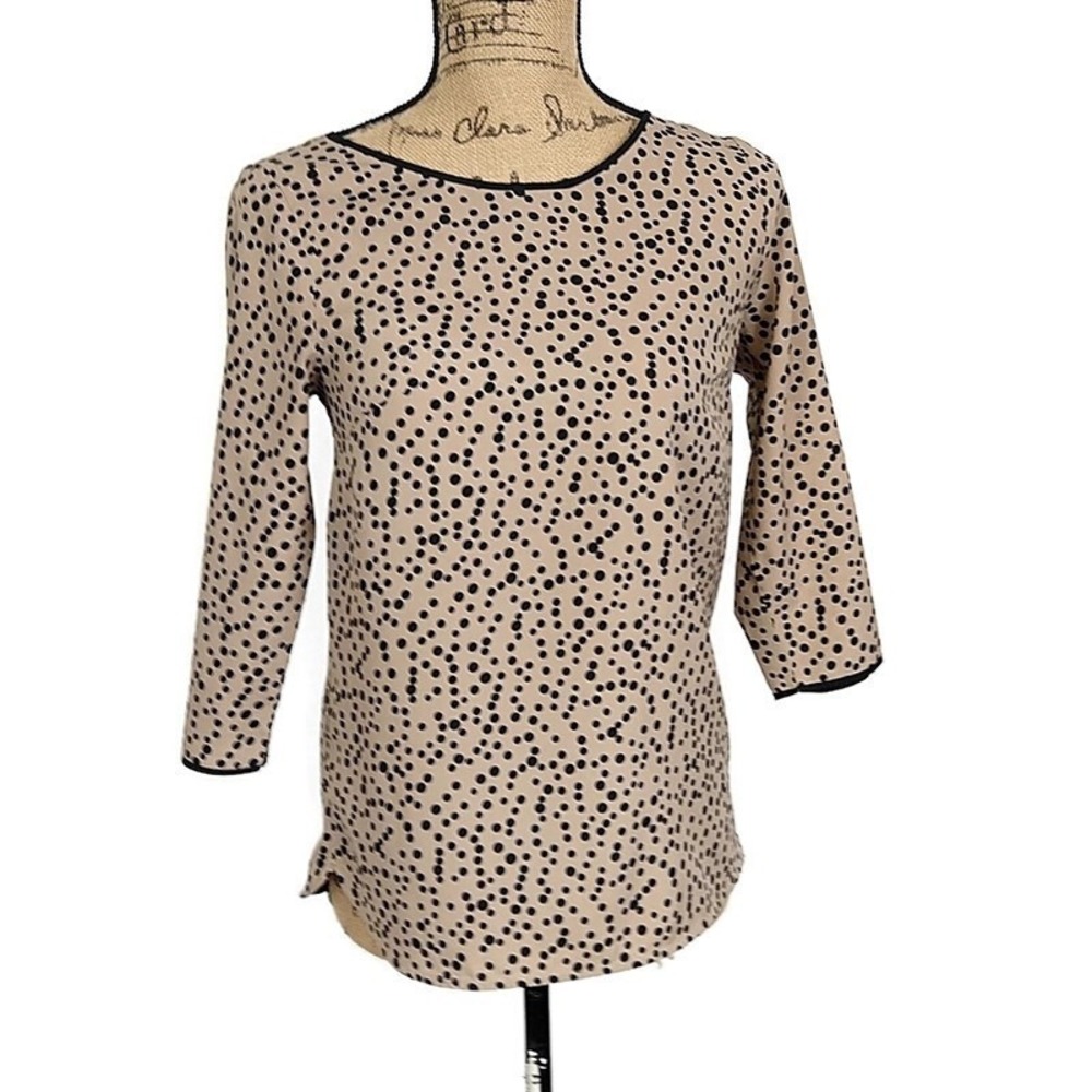 Ann Taylor Womens sz XSP Top‎ Brown Polka Dot 3/4 Sleeve Round Neck Blouse